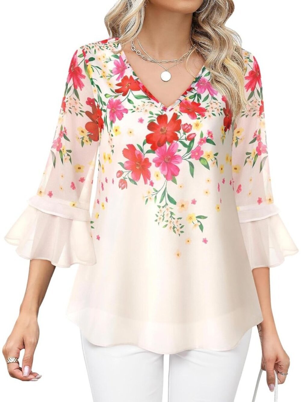 Women's Top White Red Casual Ruffle 3/4 Sleeves V Neck Floral Chiffon Blouses
